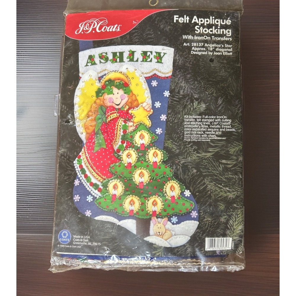 J&P JP Coats 18" Felt Applique Stocking Kit Angelica's Star 28137 Vintage New